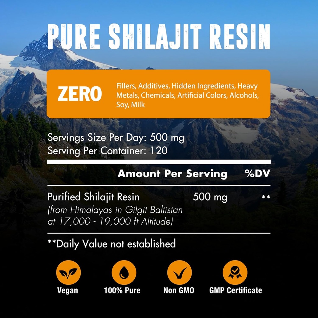 60,000 MG Shilajit Pure Organic Resin - 65% Fulvic Acid & 85+ Trace Minerals, 120 Servings - Awaken Energy Booster & Support Immune, Enhance Overall Health & Brain Booster - Sugar Free
