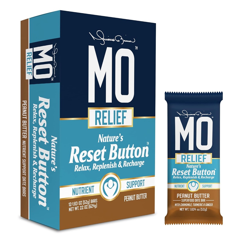 "MO RELIEF" BARS – Όλα τα φυσικά Superfood Snack Bar - Recovery Snack Bars – Μετά την προπόνηση Θρεπτικό Υποστήριξη με ημερομηνίες, Χαμομήλι, Turmeric, & Ginger - (12 bars in a box) (Peanut Butter)