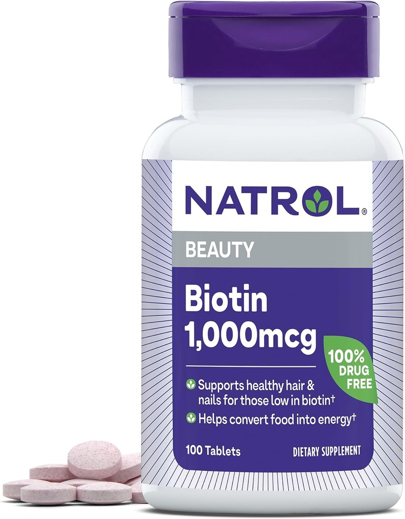 Natrol Beauty Biotin 1000mcg, Συμπλήρωμα διατροφής για υγιή μαλλιά, δέρμα, νύχια και την ενέργεια Μεταβολισμός, 100 δισκία, 100 ημέρες προσφοράς (πακέτο των 12)