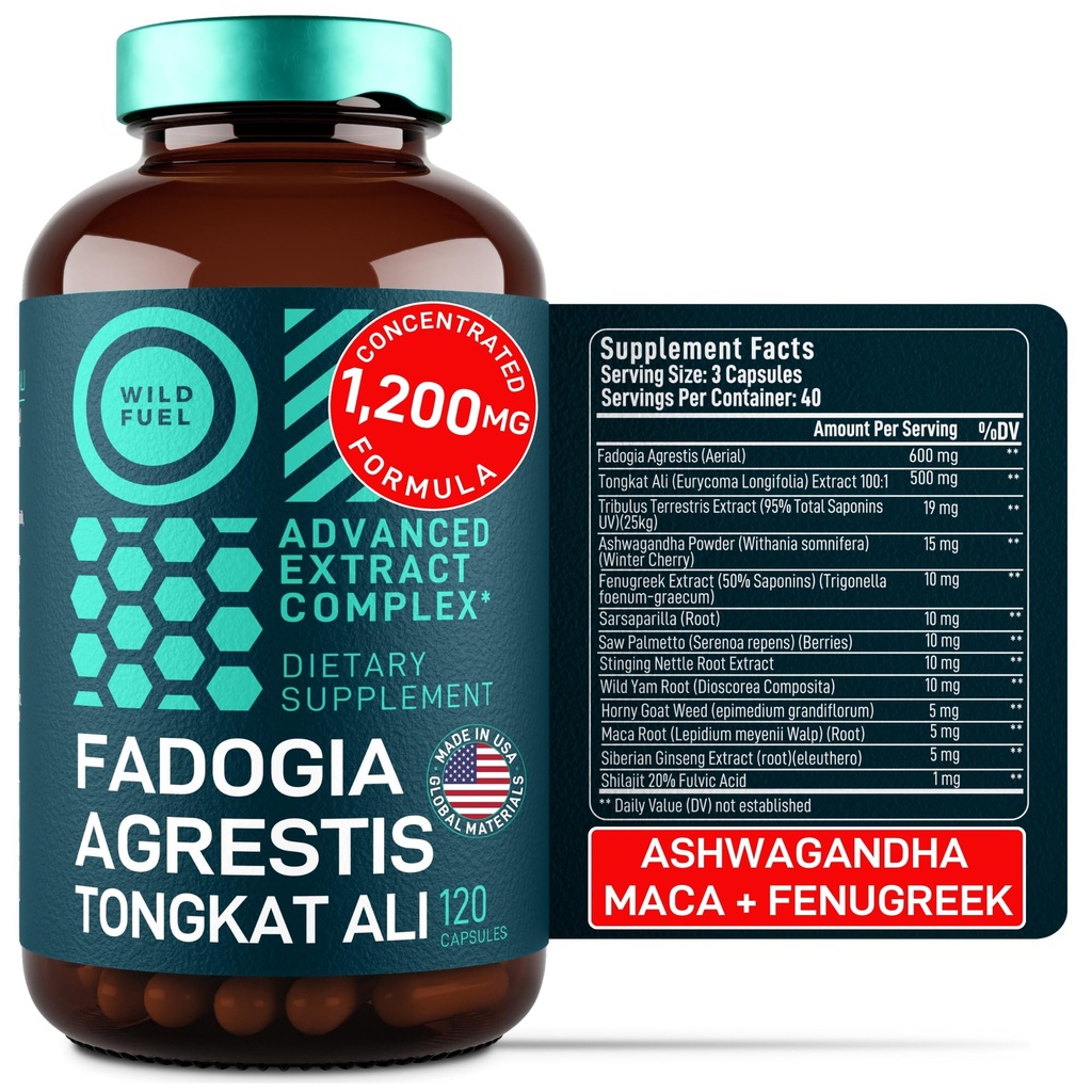 Fadogia Agrestis and Tongkat Ali Supplement - 600mg Fadogia Agrestis for Men, 500mg Longjack Tongkat Ali, Ashwagandha Maca Fenugreek Complex - Μυϊκή Δύναμη, Ενέργεια, Υποστήριξη Mood - 120 κάψουλες