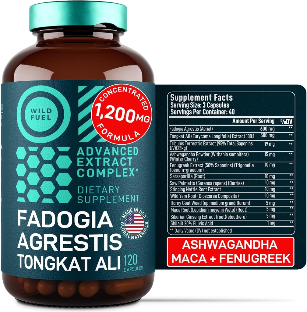 Fadogia Agrestis and Tongkat Ali Supplement - 600mg Fadogia Agrestis for Men, 500mg Longjack Tongkat Ali, Ashwagandha Maca Fenugreek Complex - Μυϊκή Δύναμη, Ενέργεια, Υποστήριξη Mood - 120 κάψουλες