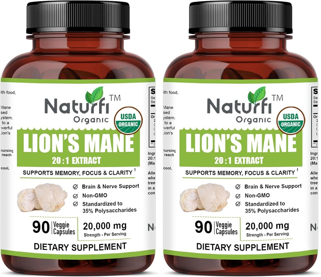 USDA Organic Lion's Mane 20:1 Extract, 20.000 mg Δύναμη, 35% Πολυσακχαρίτες, 180 κάψουλες Vegan, 90 ημέρες προσφοράς, τυποποιημένη και συμπυκνωμένη 20X εκχύλισμα, όλα-φυσικά και μη-GMO