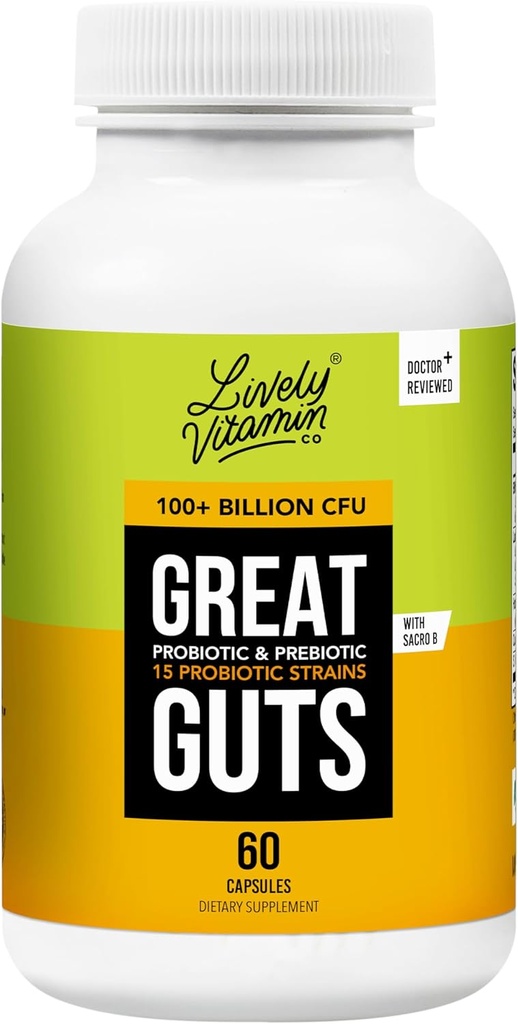 ΖΩΗ ΒΙΤΑΜΙΝΗ CO. Great Guts Probiotic - 100 Billion CFU Probiotic - Balance Gut Microbiome, GI Tract, Φλεγμονή, Δυσπεψία, Reflux, Upset Στομάχι, & Διάρροια - 60 Caps