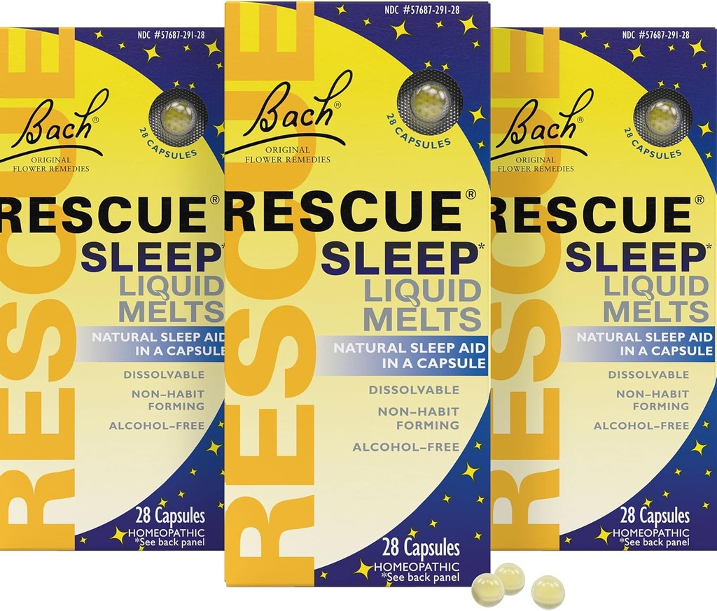 RESCUE Bach Sleep Liquid Melts, Natural Orange Vanilla Flavor, Natural Sleep Aid, Stress Relief, Homeopathic Flower Essence, Free of Melatonin, Non-Alcohol, 3 Pack, 28 Count Each