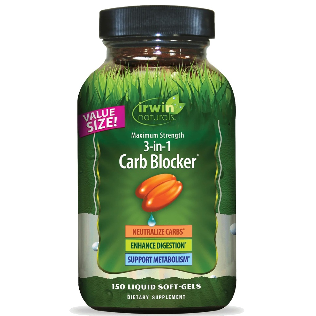 Irwin Naturals Μέγιστη δύναμη 3-σε-1 Αποκλειστής υδατανθράκων - Εξουδετερώστε υδατάνθρακες και τον μεταβολισμό υποστήριξης - 150 υγρά Softgels