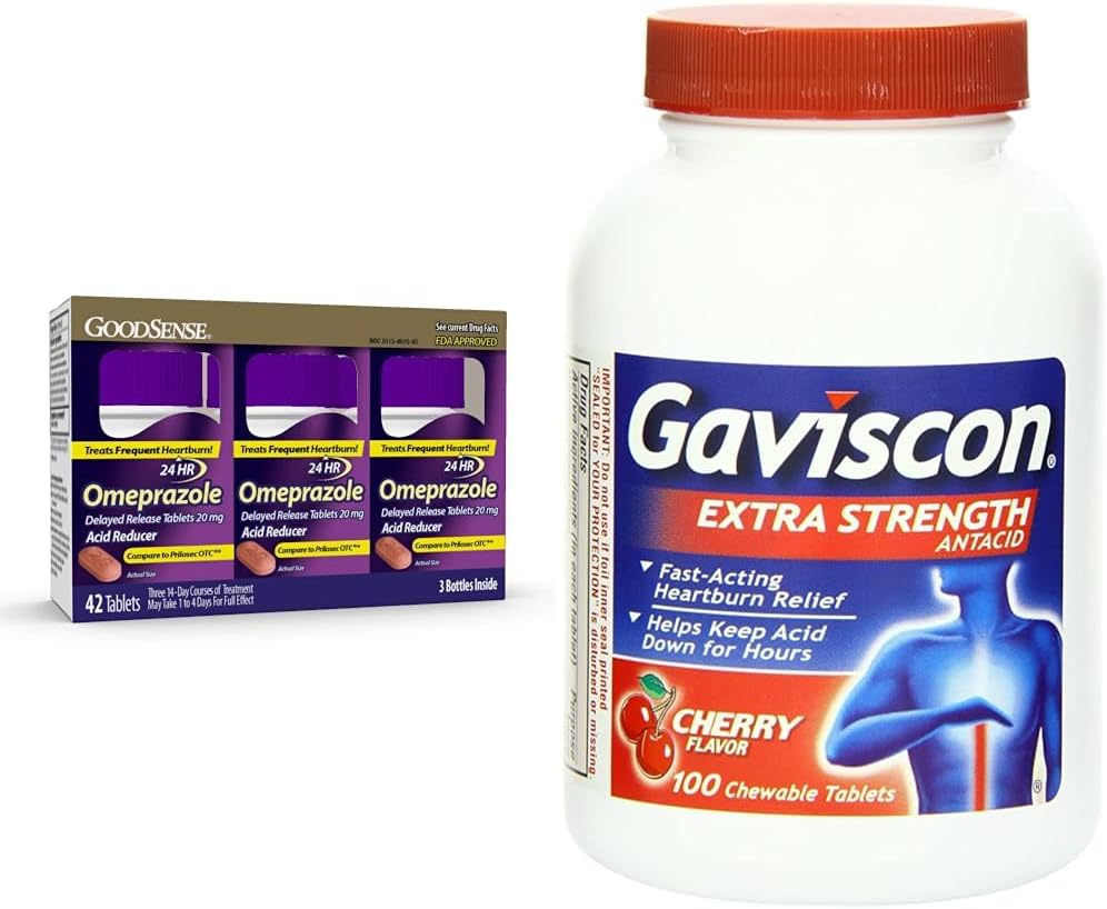 GoodSense δισκία ομεπραζόλης 20 mg 14 Count (3 Pack) και Gaviscon Extra Strength Cherry Chewable Tables Heartburn Relief 100 Count