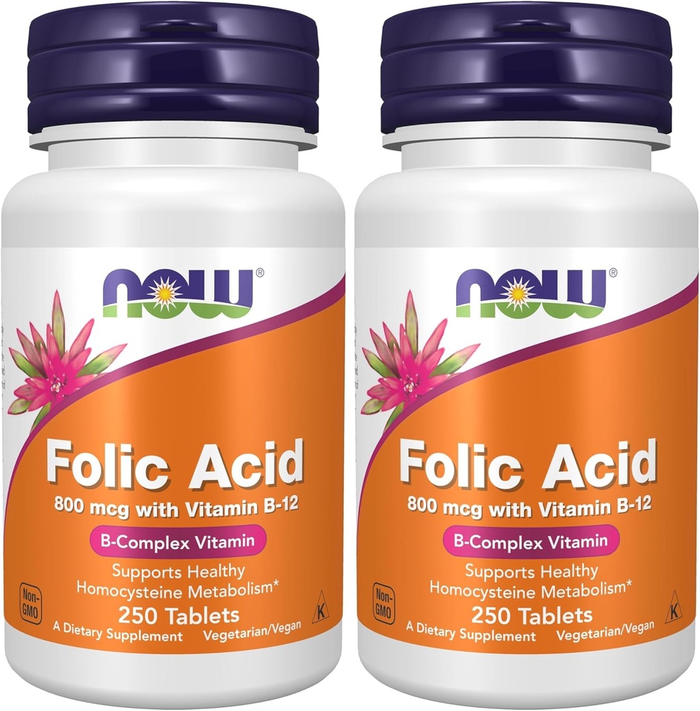 NOW Supplements, Folic Acid 800 mcg + B-12 (Cyanocobalamin) 25 mcg, B Complex Vitamin, 250 Tablets (Pack of 2)