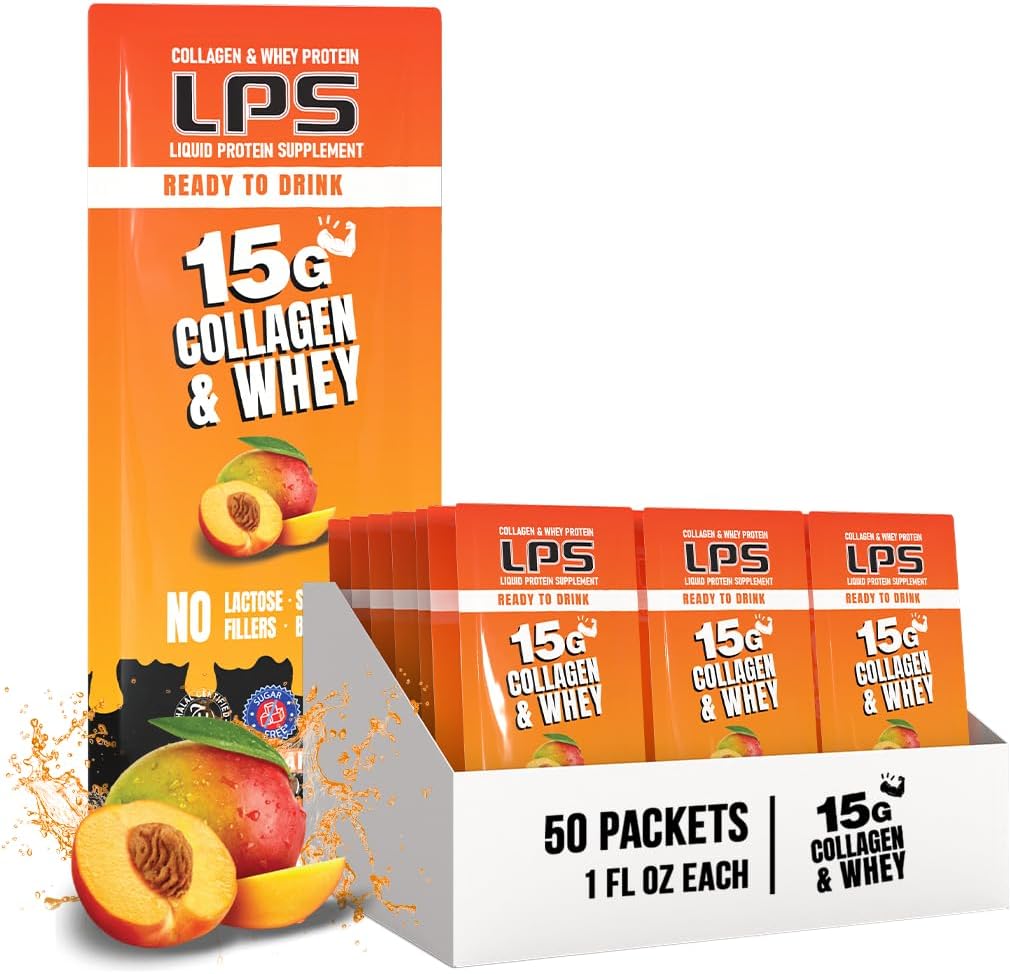 Nutritional Designs LPS Liquid Collagen & Whey Protein Supplement - Non-GMO Drink, Sugar-Free - Promotes Healthy Skin & Hair for Men & Women, Peach Mango, Single Serve (50 Packets)