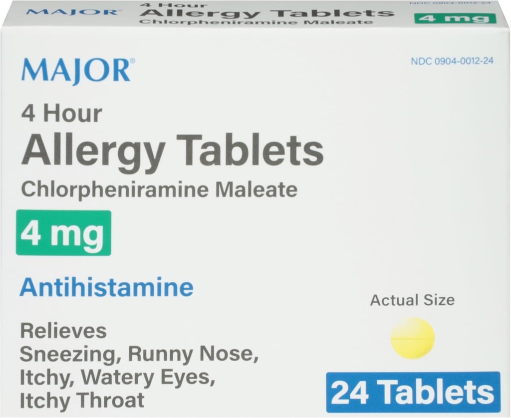 MAJOR 4 Hour Allergy Tablets - Chlorpheniramine Maleate 4mg - Antihistamine - 24 Count (1 Pack)