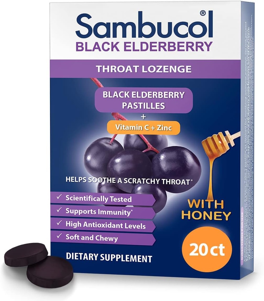 Sambucol Black Elderberry Throat Lozenge - Sambucus Elderberry Lozenges Με Βιταμίνη C, Ψευδάργυρο & Μέλι, Βοηθά στην κατάποση ενός Scratchy Λαρύγγι, Υψηλά Αντιοξειδωτικά, Χωρίς Γλουτένη - 20 Μέτρα