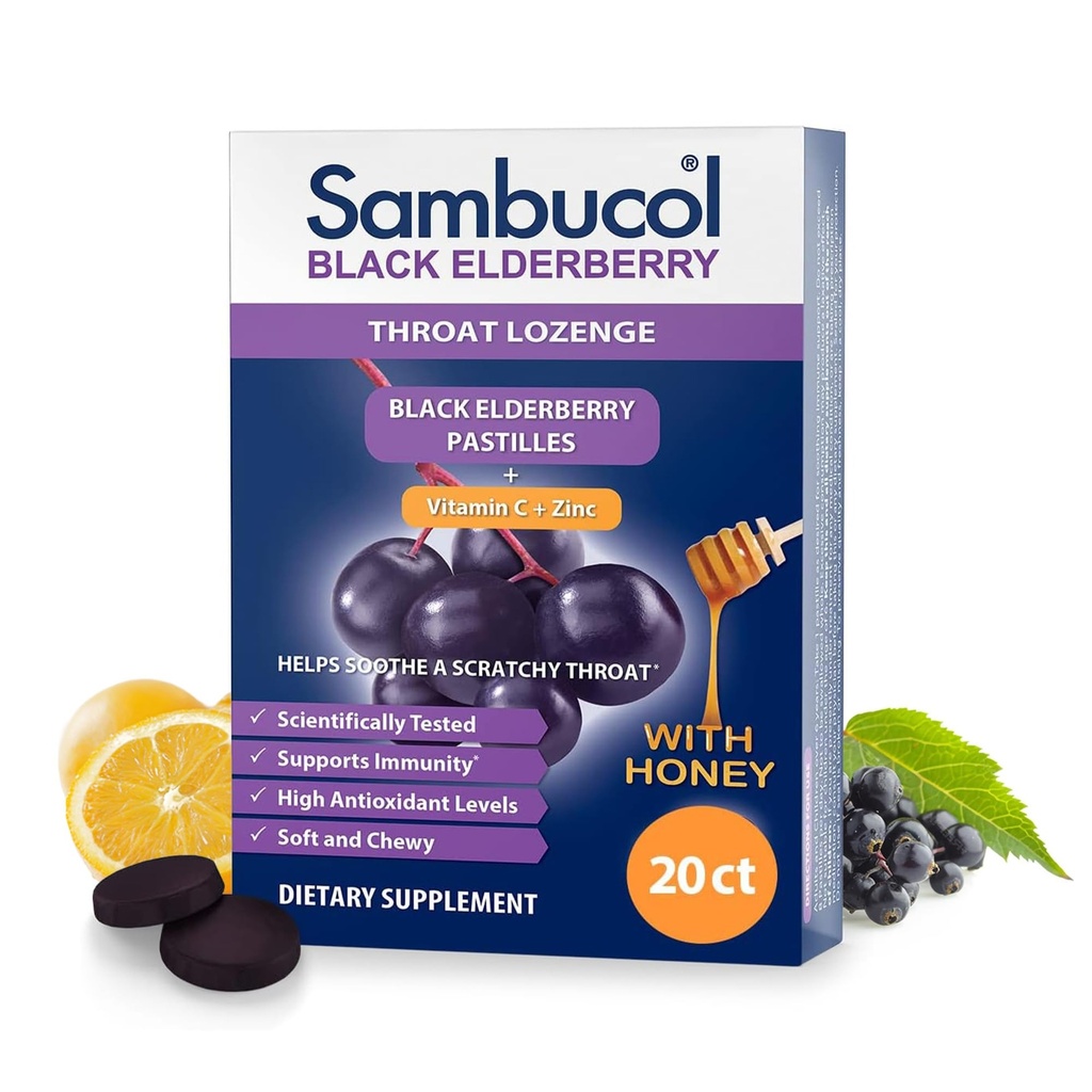 Sambucol Black Elderberry Throat Lozenge - Sambucus Elderberry Lozenges Με Βιταμίνη C, Ψευδάργυρο & Μέλι, Βοηθά στην κατάποση ενός Scratchy Λαρύγγι, Υψηλά Αντιοξειδωτικά, Χωρίς Γλουτένη - 20 Μέτρα