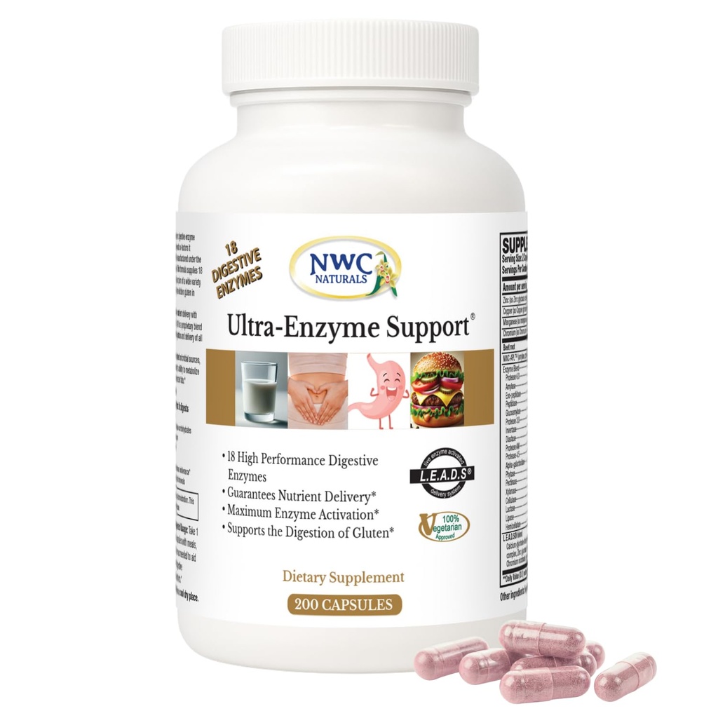 NWC Naturals Ultra-Enzyme Support, Natural Digestive Supplement, Προωθεί την Βέλτιστη Υγεία και Διέγερση, 200 κάψουλες καταμέτρησης
