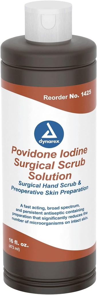 Dynarex Povidone-Iodine Scrub Solution, Antiseptic Solution for Skin and Mucosa, Ideal for Surgical Site Preparation, Contains Povidone Iodine 7.5%, 16 fl. oz., 1 Bottle