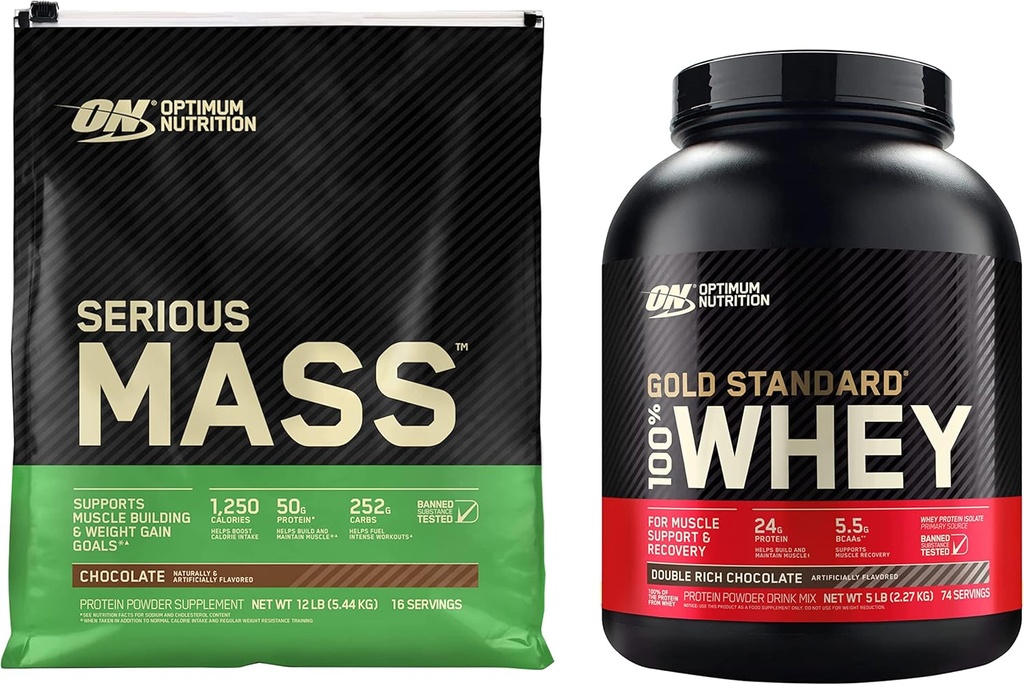 Optimum Nutrition Serious Mass Weight Gainer Protein Powder & Gold Standard 100% Whey Protein Powder, Double Rich Chocolate, 5 Pound (Packaging May Vary)