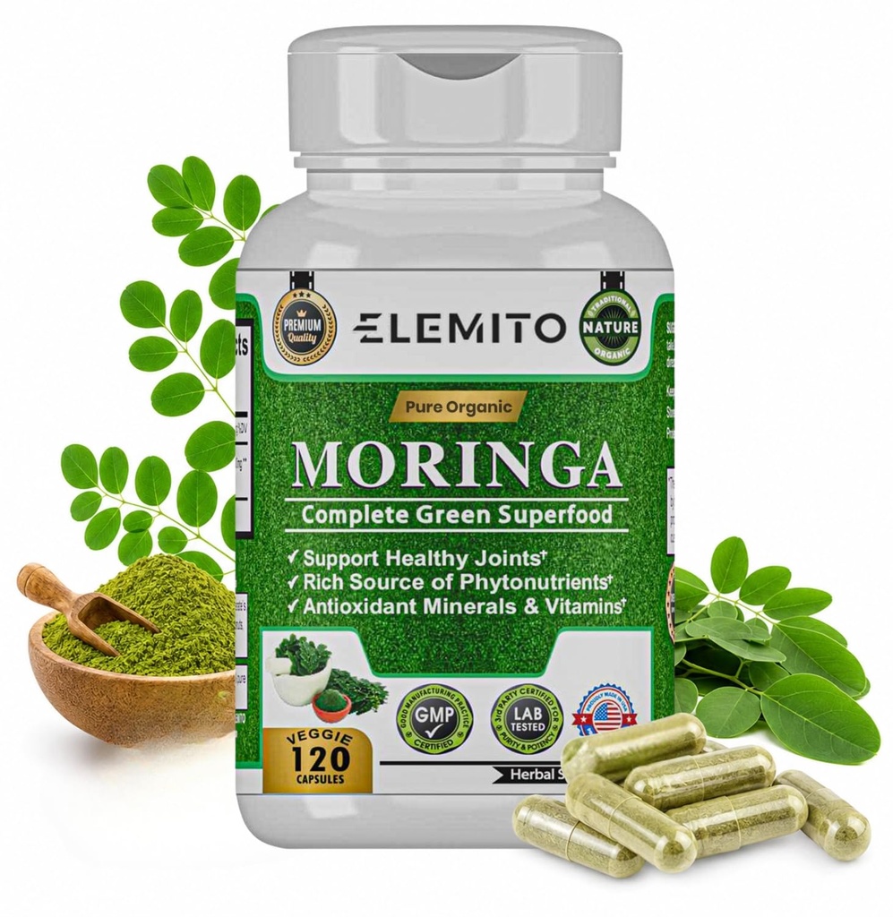 Κάψουλες Moringa, Pure Leaf Powder, Green Superfood, Ενέργεια, Μεταβολισμός, & Ανοσολογική Υποστήριξη, Μη ΓΤΟ, Vegan, Χωρίς Γλουτένη - 120 Κάψουλες