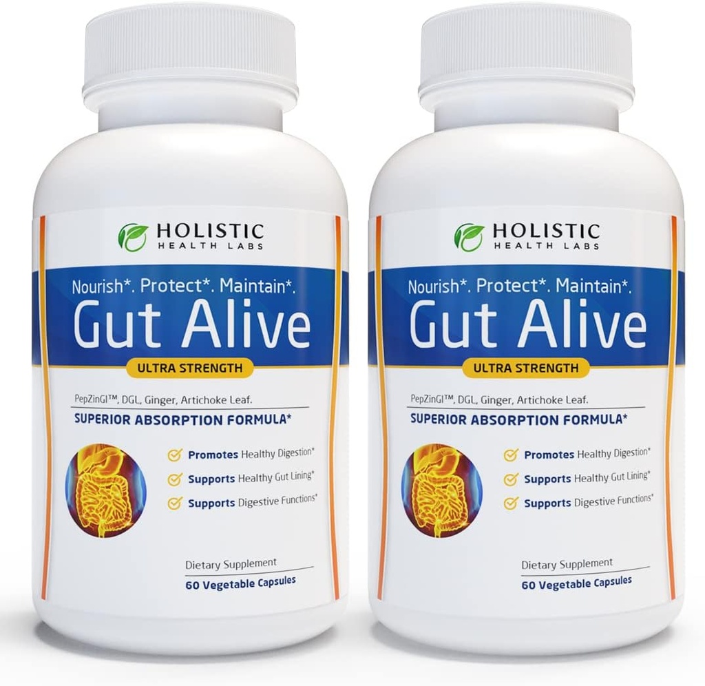Gut Alive - All Natural Support to Fight IBS, Heartburn, Acid Indigestion, Acid Reflux, Bloating & Gas. Unique Formulation (60 Count (Pack of 2))