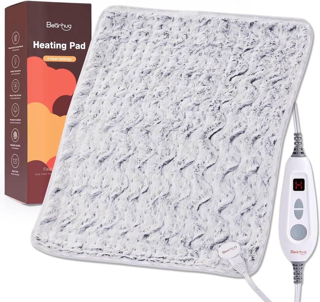 Bearhug XL Ηλεκτρική Θέρμανση Pad 20''x24'' Διπλό-Sided Faux Fur Heated Pad, 6 Heat Levels, 2H Auto-Off, Υγρή & ξηρή Θερμοθεραπεία για την ανακούφιση του πόνου στην πλάτη, Machine Washable, ETL Certified, Gift Box