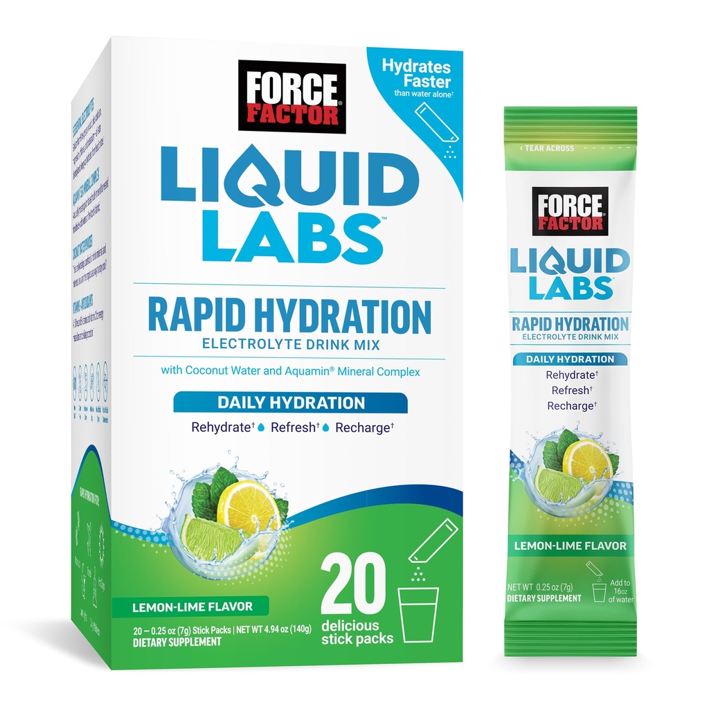 FORCE FACTOR Υγρά Εργαστήρια Ηλεκτρολυτών Powder Packets—Λεμόν Lime—Υδρώσεις Packets για την παρασκευή ηλεκτρολυτικού νερού με 5 Απαραίτητα Ηλεκτρολυτικά, Βιταμίνες, Ορυκτά και Αντιοξειδωτικά, 20 Stick Packs