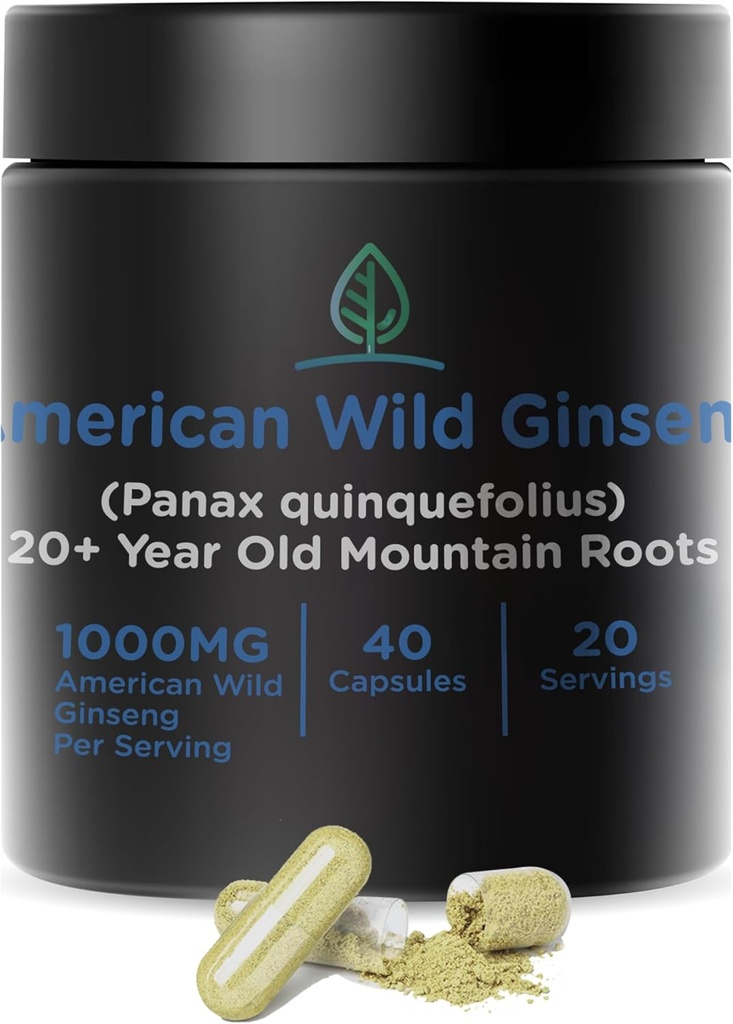 Holistic Bin Wild American Ginseng Capsules Pure Organic Ginseng Supplement Made with Wild Harvested 20+ Year Old Roots from Appalachia (Panax Quinquefolius) | No Fillers (40 Capsules)