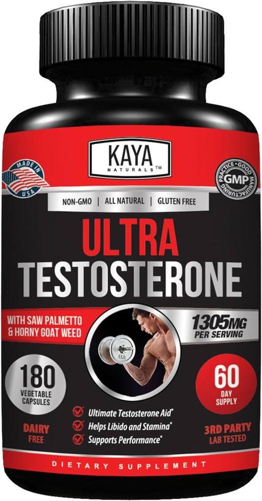 Kaya Naturals UltraTest- Ανδρικό T Booster με Tongkat Ali, Horny Goat Weed, Tribulus - Φυσικό συμπλήρωμα προπόνησης για την ενέργεια, Stamina, και δύναμη Booster - 180 κόμης