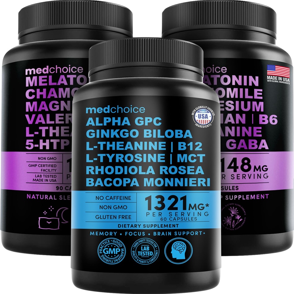 MEDCHOICE Μελατονίνη ύπνου (180ct) και Nootropic Brain (60ct) συμπλήρωμα Bundle - Wellness Duo για τον ύπνο, τον εγκέφαλο, την εστίαση, & την υποστήριξη διάθεσης - Vegan, μη-GMO, χωρίς γλουτένη