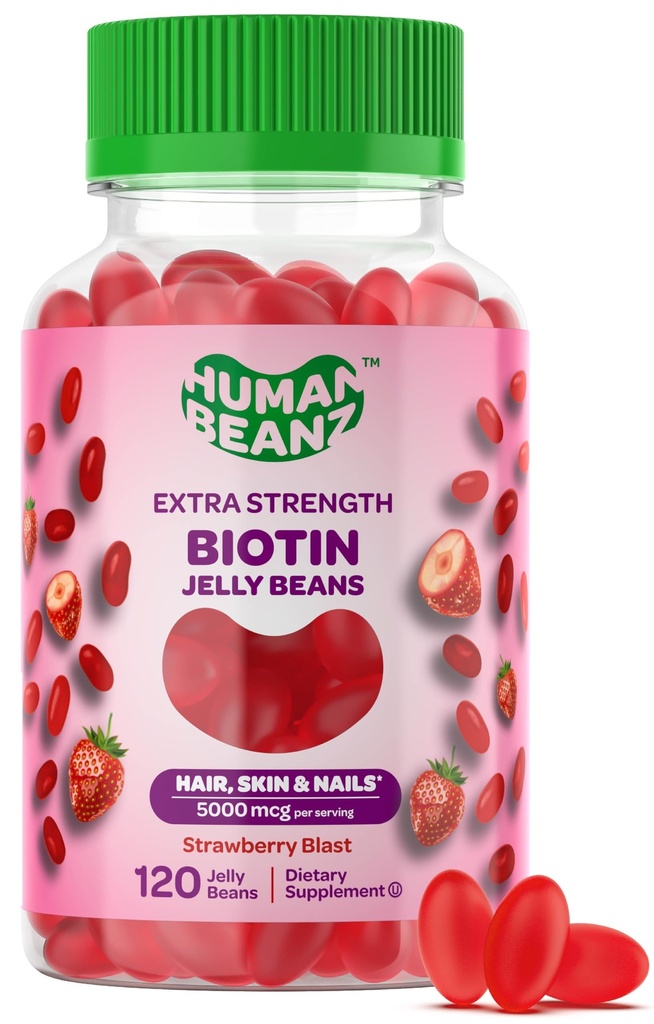 Human Beanz Biotin Jelly Bean Gummy Vitamins, Extra Strength Biotin for Hair, Skin and Nails, 5000mcg per Serving, Hair Growth Vitamins for Men and Women, 120 Strawberry Blast Jelly Beans, Kosher