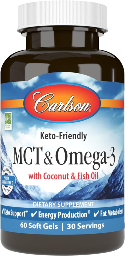 Carlson - MCT & Omega-3, Λάδι καρύδας, Caprylic & Capric Acids, EPA & DHA, Παραγωγή ενέργειας, Λιπαρά Μεταβολισμός & Υγεία του εγκεφάλου, 60 Softgels