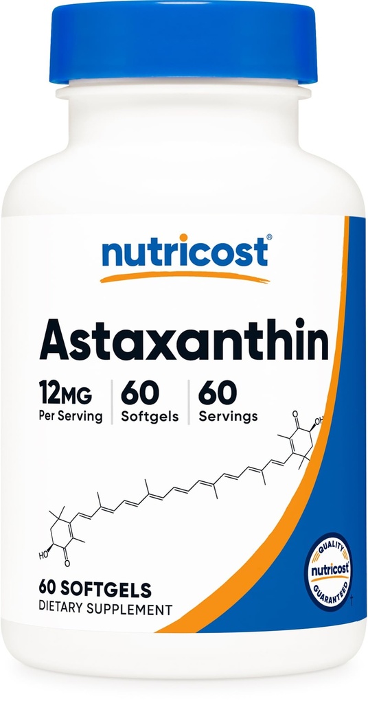 Nutricost Ασταξανθίνη 12mg, 60 Softgels - Μη ΓΤΟ και χωρίς γλουτένη (2 Μήνες Προσφορά)