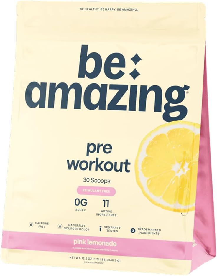 BE AMAZING Caffeine Free Pre Workout Powder, Vegan Supplement with Ashwagandha & Adaptogens for night workouts, Sugar Free Drink Mix for Men & Women, Gluten Free, Pink Λεμονάδα, 30 Υπηρεσίες