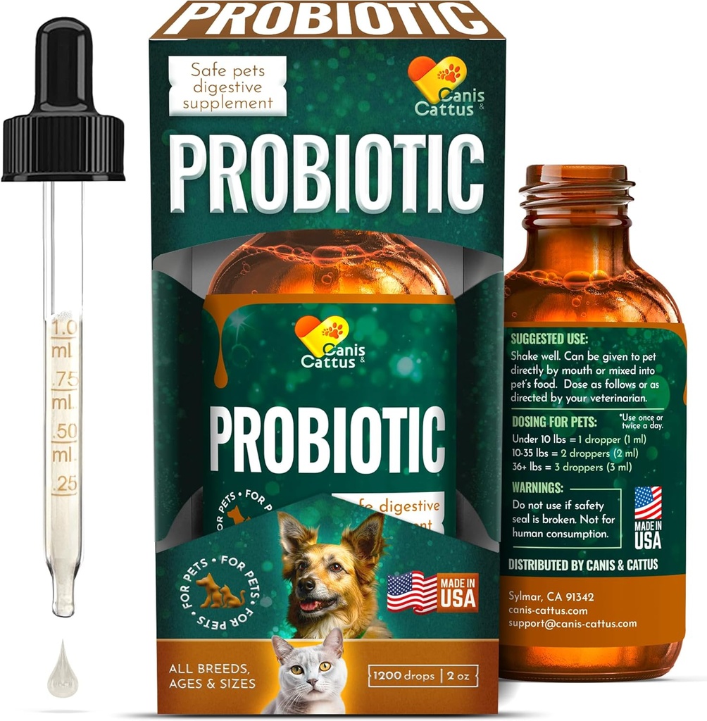 Canis&Cattus Probiotics for Cats – Liquid Cat Probiotics with Digestive Enzymes for Gas, Bloating, Diarrhea & Upset Stomach – Easy-Mix Drops – 2 oz