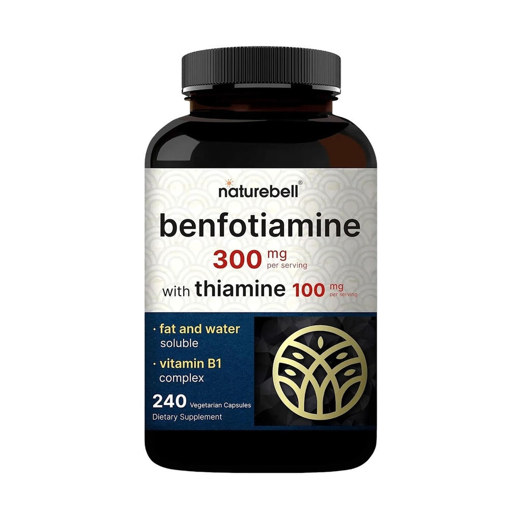 NatureBell Benfotiamine with Thiamine - 240 Vegetarian Capsules - 300mg Benfotiamine & 100mg Thiamine - for Heart Health, Energy Production & Nervous System Support* - Vitamin B1 Complex