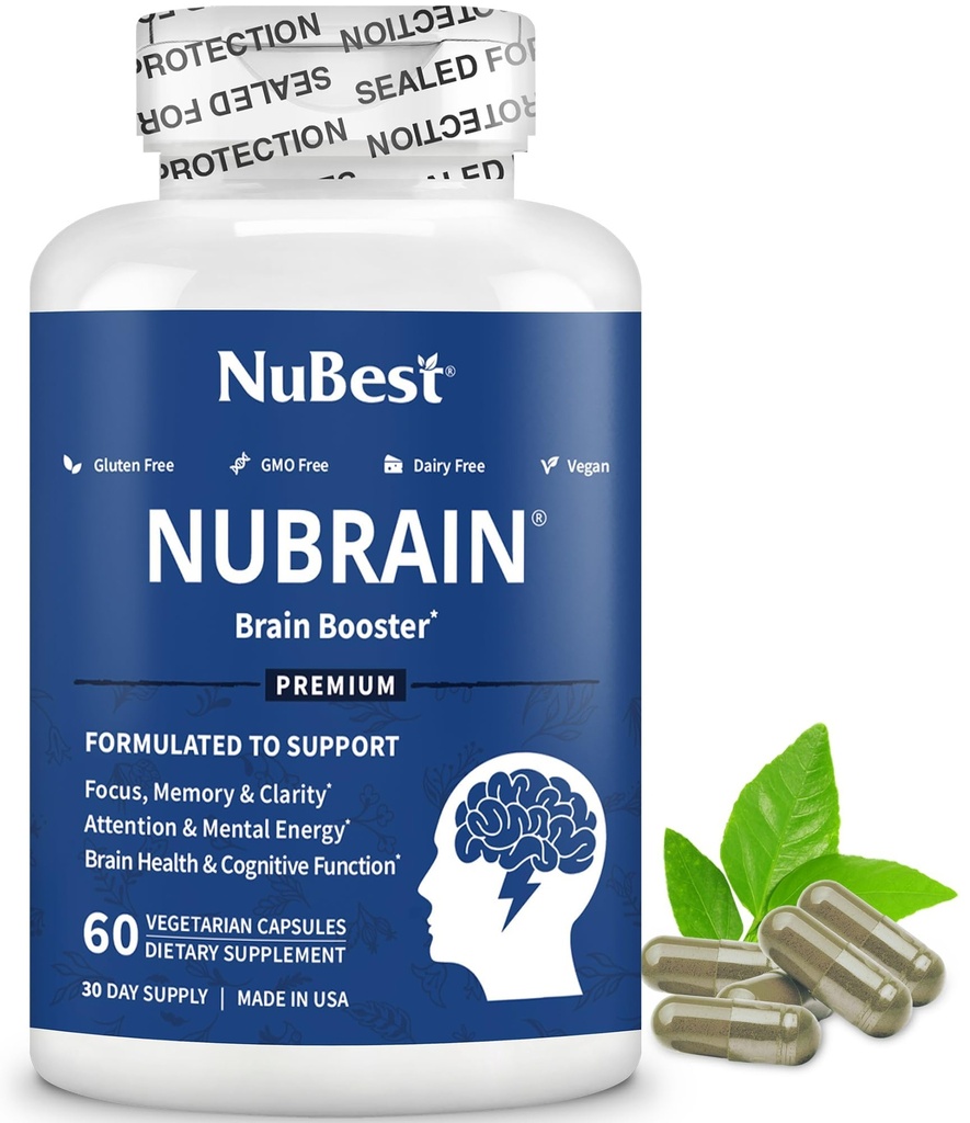 NuBrain Booster - Brain Supplement for Brain Booster, Memory, Focus & Clarity Support with St. John’s Wort, Ginkgo Biloba, Bacopa & More - 60 Vegan Capsules | 1 Month Supply