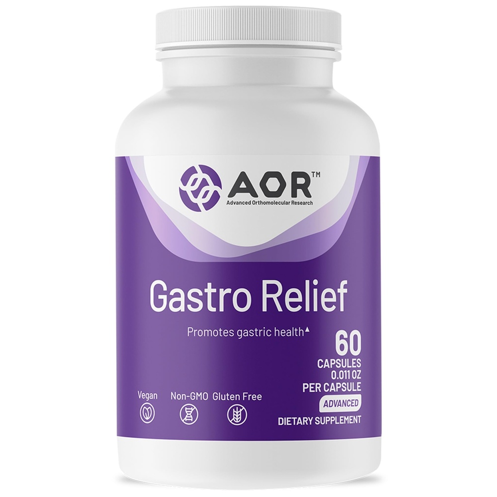 AOR Gastro Relief 60 Vegan Capsules, 30-Day Supply, Mastic Gum, Zinc Carnosine, Vitamin C & Ginger Extract Formula, Non-GMO, Gluten-Free, Made in Canada