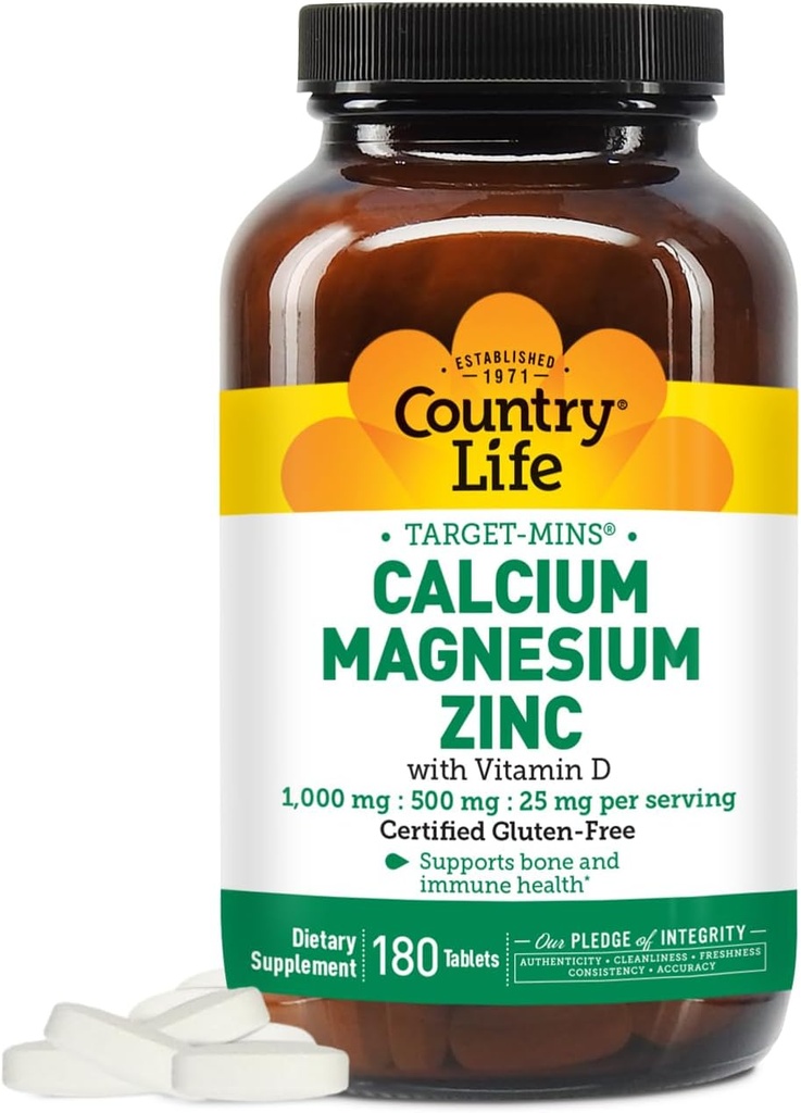 Country Life Calcium Magnesium Zinc with Vitamin D3 and L-Glutamic Acid, Dietary Supplement for Bone Support, Certified Gluten Free, 1000mg/500mg/25mg, 180 Tablets