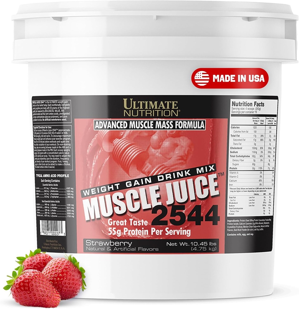 Ultimate Nutrition Muscle Juice, Weight Gain Drink Mix - Mass Gainer Workout Powder for Men & Women - Supplement for Lean Muscle Growth & Immune Support with 55g Protein - Strawberry, 10.45lb
