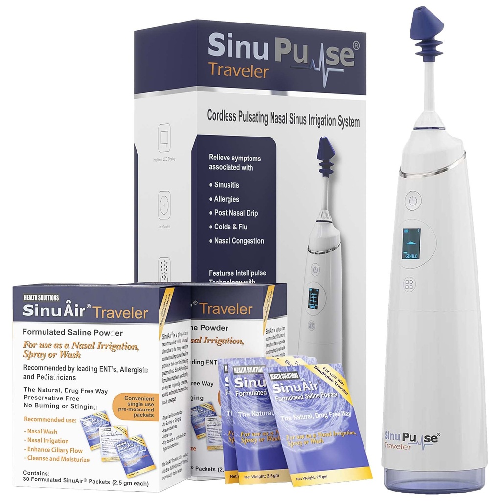 SinuPulse Traveler με 90 Sinuair Packets - Ασύρματο Pulsating Ρινική Άρδευση Sinus Rinse System, Space Saving Cleaner & Relief Machine για Ταξίδια, Πιο Αποτελεσματικό από το Neti Pot ή Spray Bottle