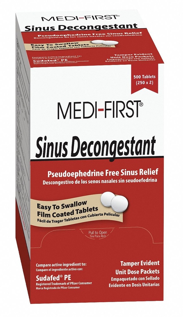 Medique Medi-First 2546 Sinus Decongestant, 100-Packets of 1 | Sinus decongestant tablets in 100 single-tablet packets for first aid cabinets, offices and workplace medicine stations.