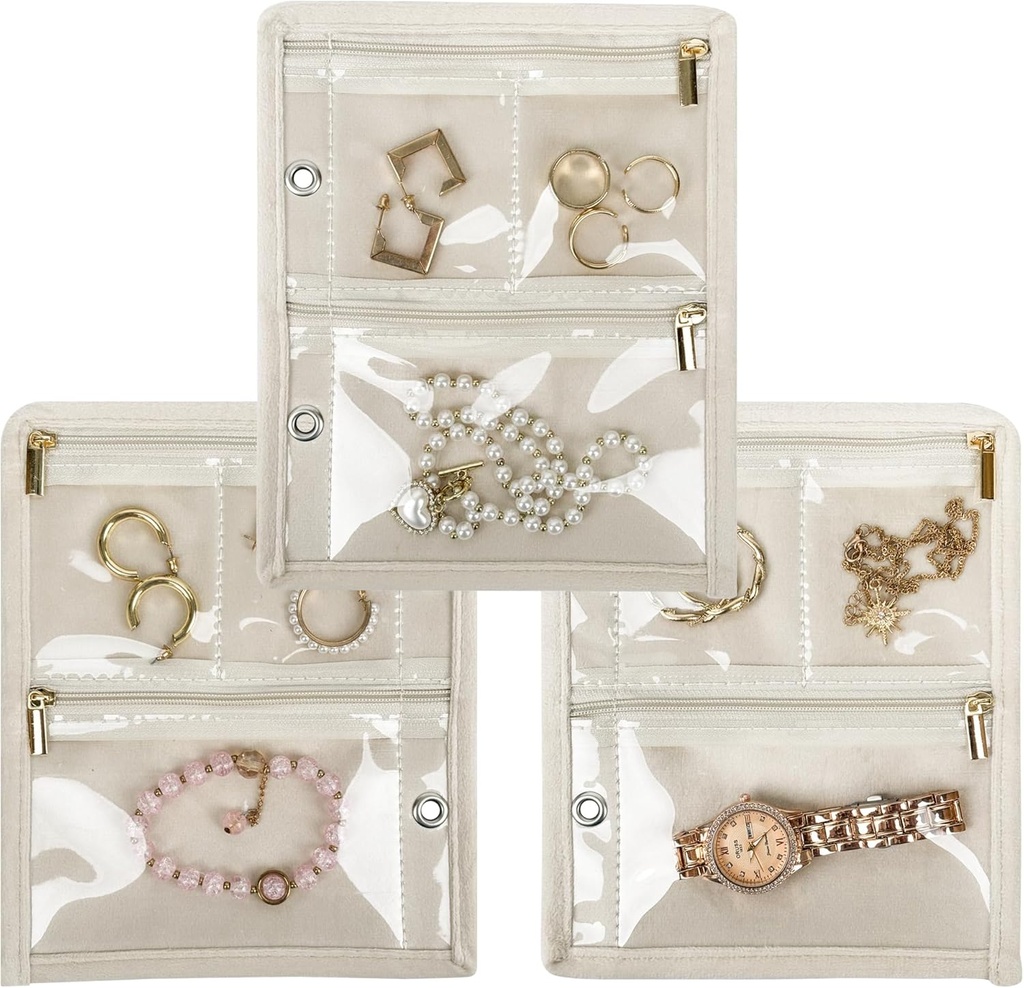 Travel Jewelry Organizer Case, Κοσμήματα τσάντες Κοσμήματα Αποθήκευση Βιβλίο Binder με Clear Zipper Velvet Pouch για Ταξίδια,Earrings, Δαχτυλίδια, Κολιέ, Βραχιόλι (Inner Σελίδες,Beige,3 PCS)