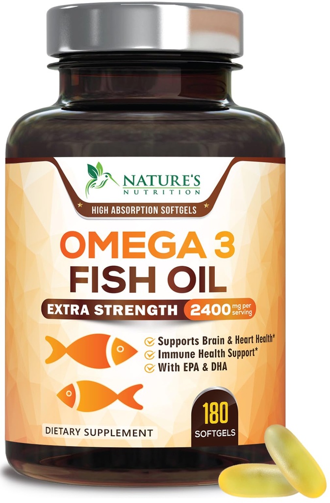 Ωμέγα 3 ιχθυέλαιο 2400 mg – Τριπλή δύναμη EPA & DHA λιπαρά οξέα για την καρδιά, τον εγκέφαλο και κοινή υποστήριξη – Wild-Caught, Burpless, άρωμα λεμόνι συμπλήρωμα – φυσικό, μη-GMO, χωρίς γλουτένη – 180 Softgels