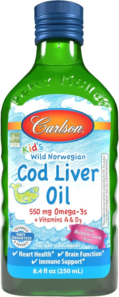 Carlson - Kid's Cod Liver Oil, 550 mg Omega-3s, Βιταμίνες A & D3, Άγρια Νορβηγικά, Bubble Gum, 250 mL