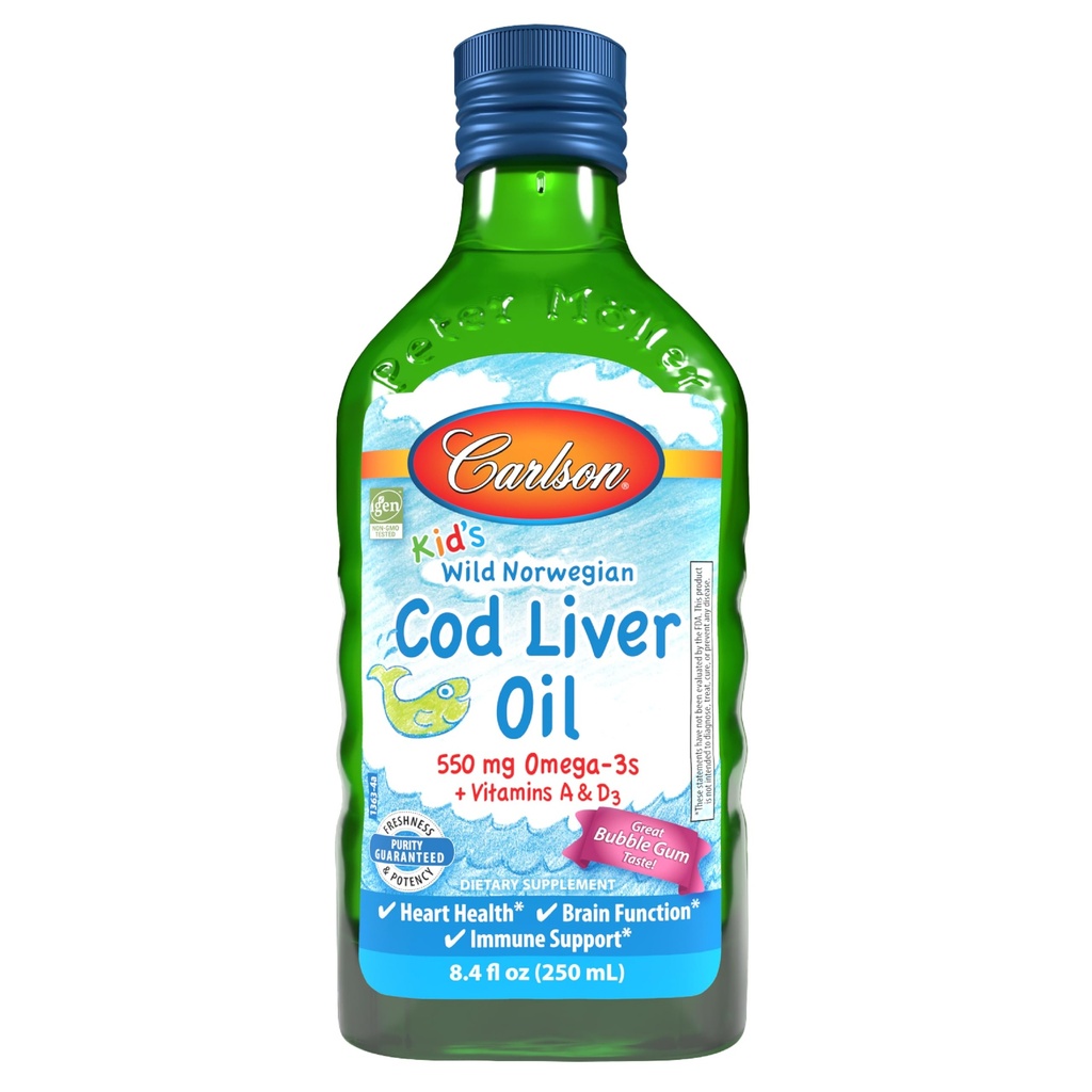 Carlson - Kid's Cod Liver Oil, 550 mg Omega-3s, Βιταμίνες A & D3, Άγρια Νορβηγικά, Bubble Gum, 250 mL