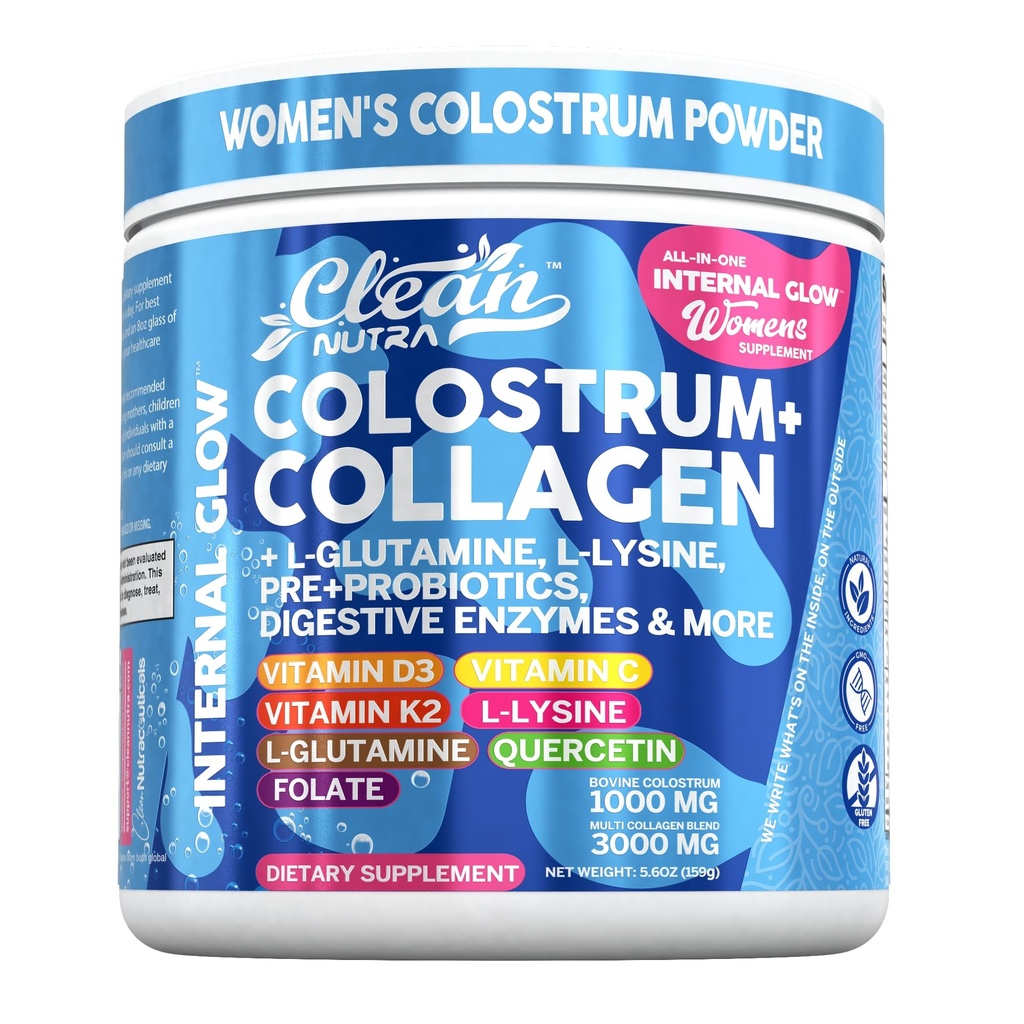 Bovine Colostrum Powder + Collagen Peptides with L-Glutamine L-Lysine Prebiotics Probiotics Digestive Enzymes Vitamin D K2 C Quercetin & Folate | Gut Health Supplement Internal Glow By Clean Nutra
