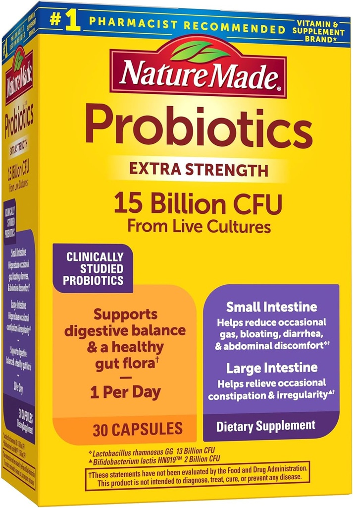 Φύση Made Probiotics for Digestive Health Extra Strength 15 Billion CFU from Live Cultures, Probiotics for Women and Men, 30 Probiotic Capsules, 30 Day Supply