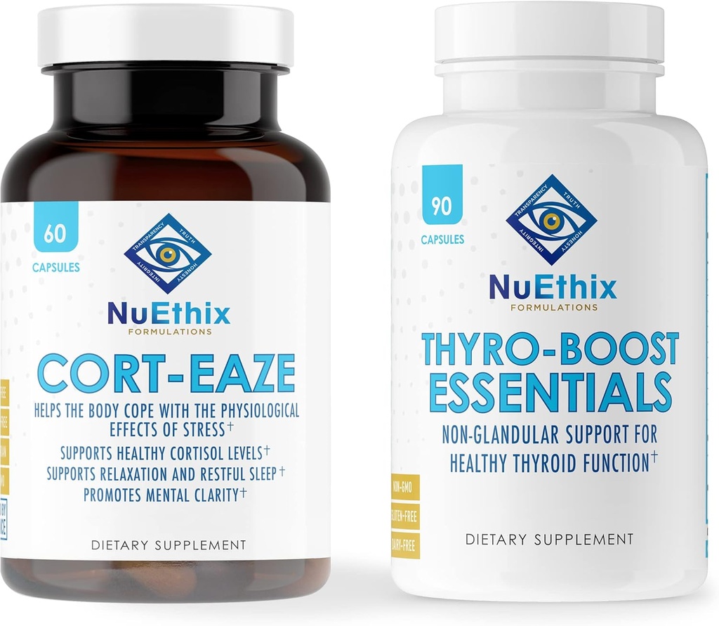 NuEthix Formulations Cortisol και Thyroid συμπλήρωμα υποστήριξης Bundle: Cort-Eaze Cortisol-Συμπλήρωμα ελέγχου, 60 κάψουλες, 30 υπηρεσίες και Thyro-Boost Απαραίτητα, 90 κάψουλες