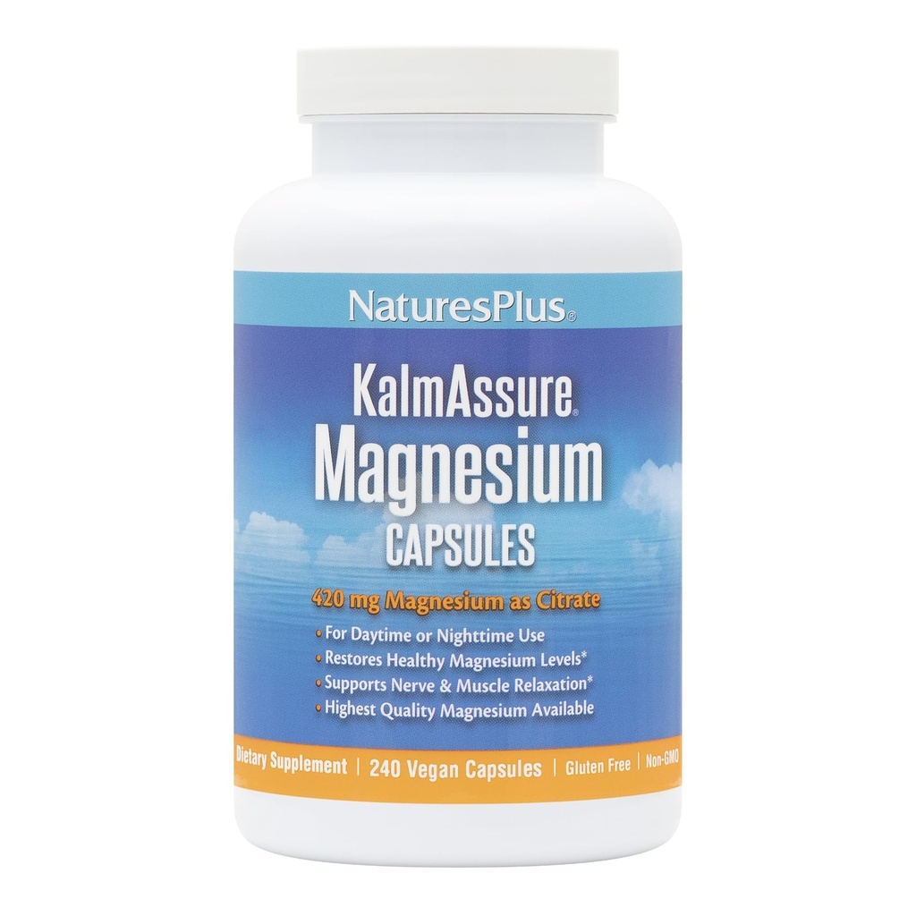 Natures Plus KalmAsure Magnesium - 240 Vegan Κάψουλες - Εξαιρετικά βιοδιαθέσιμο Κιτρικό Μαγνήσιο - Υποστηρίζει Νευρικό & Μυϊκό Χαλασμό - 60 Υπηρεσίες