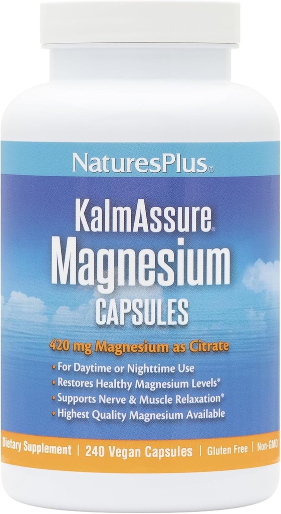 Natures Plus KalmAsure Magnesium - 240 Vegan Κάψουλες - Εξαιρετικά βιοδιαθέσιμο Κιτρικό Μαγνήσιο - Υποστηρίζει Νευρικό & Μυϊκό Χαλασμό - 60 Υπηρεσίες