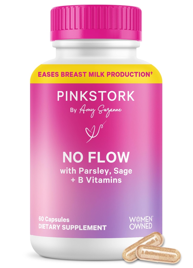 Pink Stork No Flow: Dry Up Breast Milk Supply with Sage, Pisley, and B Vitamins, Postpartum Essentials for Women to Stop Θηλασμός και μείωση της παραγωγής γάλακτος, 60 κάψουλες