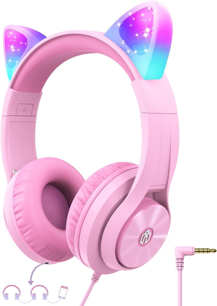iClever Παιδικά ακουστικά με Cat Ear Led Light Up, Safe Volume Limite, FunShare, Πτυσσόμενα, Over-Ear ακουστικά για παιδιά για το σχολείο / iPad / Tablet / Travel, Meow Donut-Pink