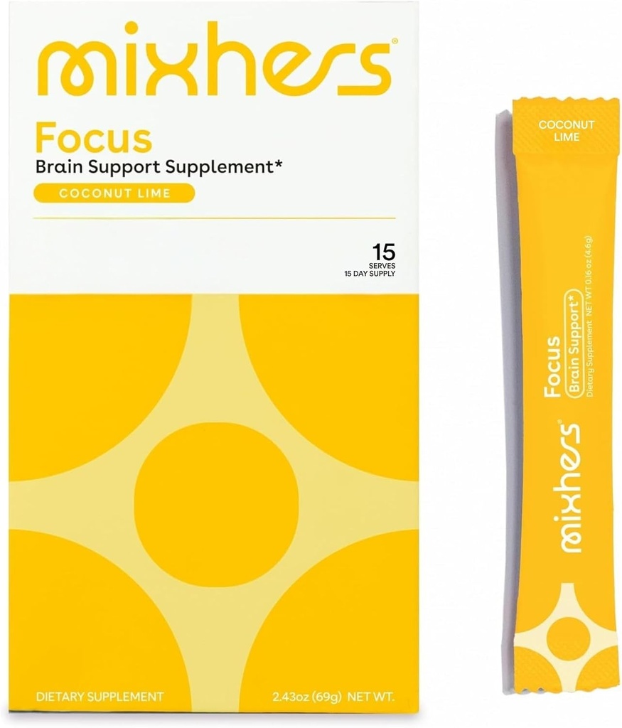 MIXHERS Focus Brain Support Supplement | Caffeine-Free | Natural Ingredients for Cognitive Clarity, Concentration, & Hydration | Coconut Lime Flavor | 15 Stick Packets