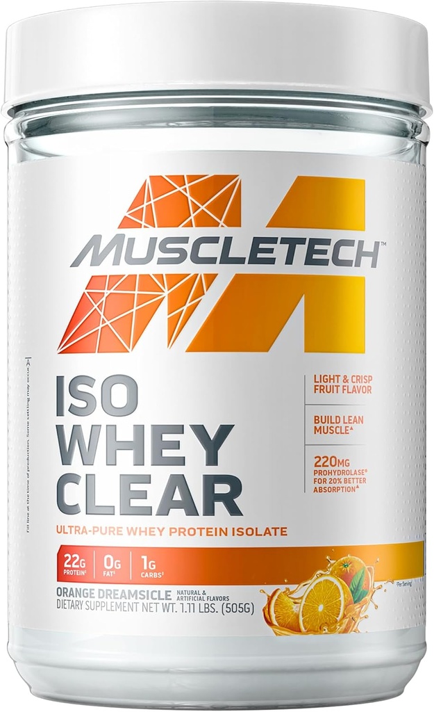 MuscleTech Whey Protein Powder Clear Whey Protein Isolate Whey Isolate Protein Powder for Women & Men Clear Protein Drink 22g of Protein, 90 Calories Orange Dreamsicle, 1.1lb (19 Servings)